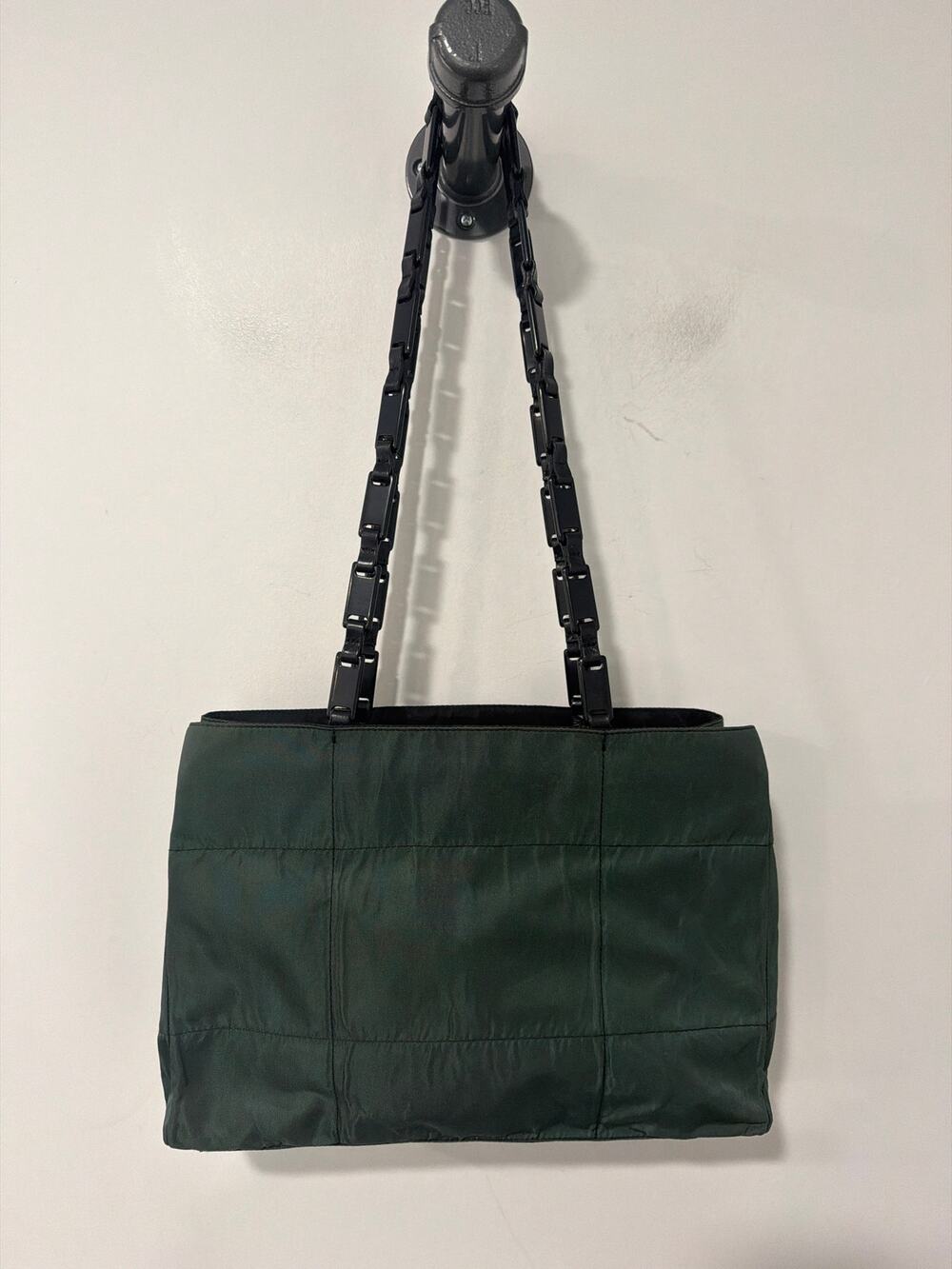 Vintage PRADA Re Nylon Quilted Shoulder Bag Green Resin Chain Link Straps Black
